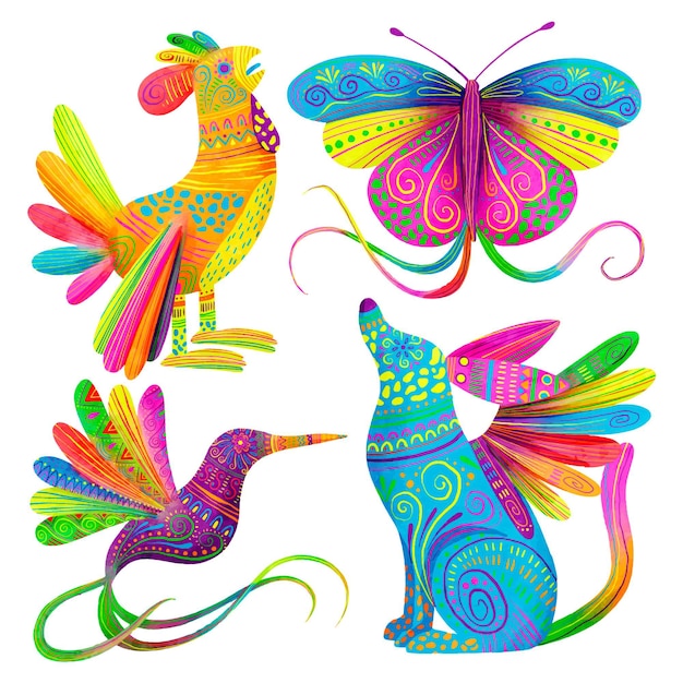 Free vector watercolor dia de muertos alebrijes collection