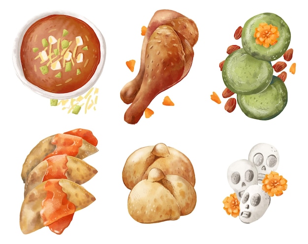 Free vector watercolor dia de muertos food collection