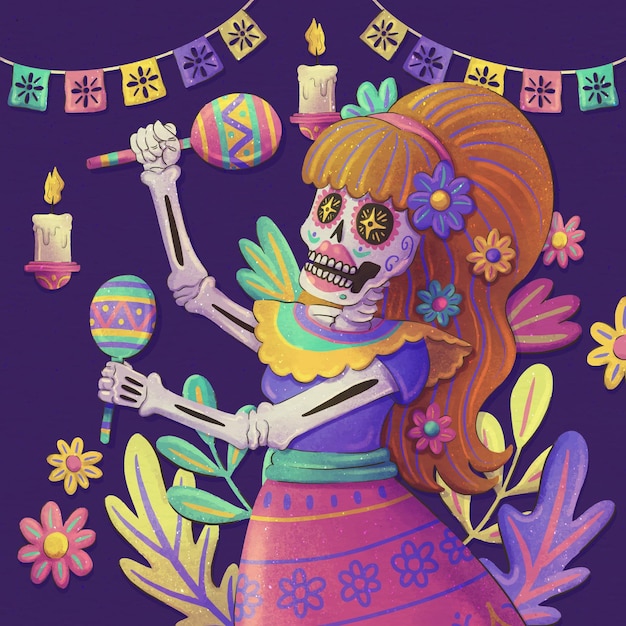 Vettore gratuito acquerello dia de muertos illustrationn