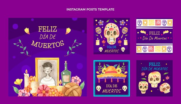 Vettore gratuito acquerello dia de muertos instagram post collection