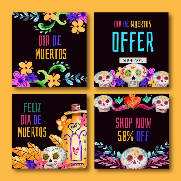 Free vector watercolor dia de muertos instagram posts collection