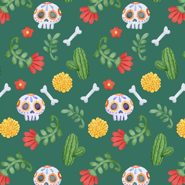 Watercolor dia de muertos pattern design