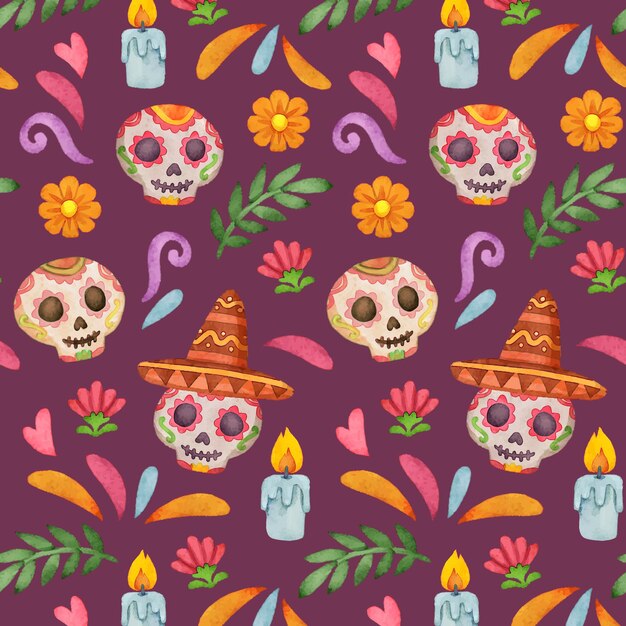 Watercolor dia de muertos pattern design