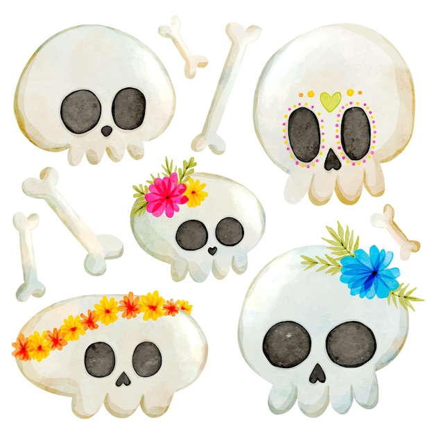 Free vector watercolor dia de muertos skulls collection