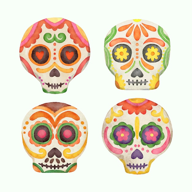Бесплатное векторное изображение Коллекция черепов акварель dia de muertos