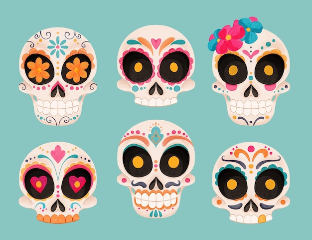 Free vector watercolor dia de muertos skulls collection