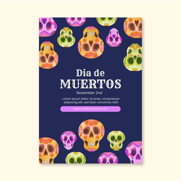 Шаблон вертикального флаера акварель dia de muertos