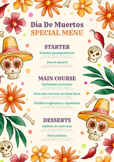 Vettore gratuito modello di menu verticale dia de muertos ad acquerello