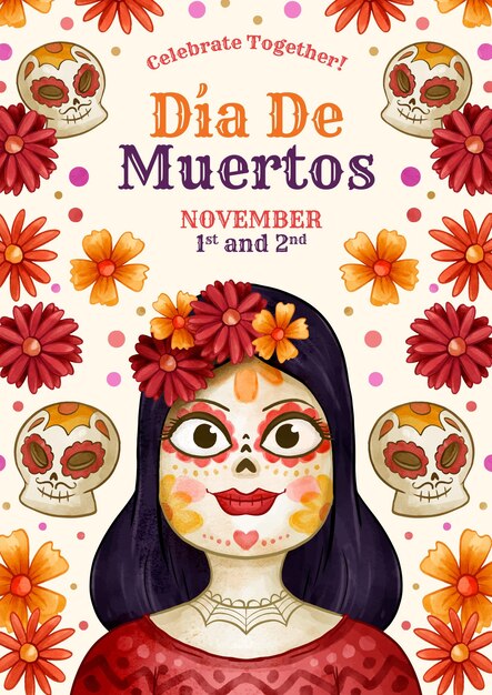 Watercolor dia de muertos vertical poster template