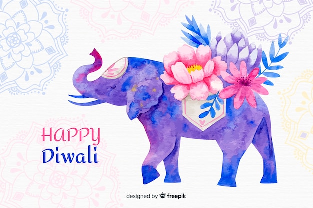 Free vector watercolor diwali background with elephant