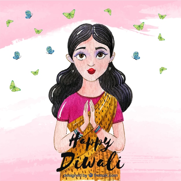 Free vector watercolor diwali background with woman design