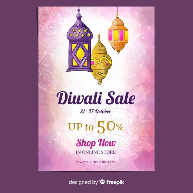 Watercolor diwali sale flyer template