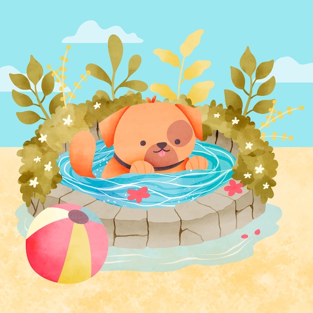 Акварельная вечеринка у бассейна с собакой