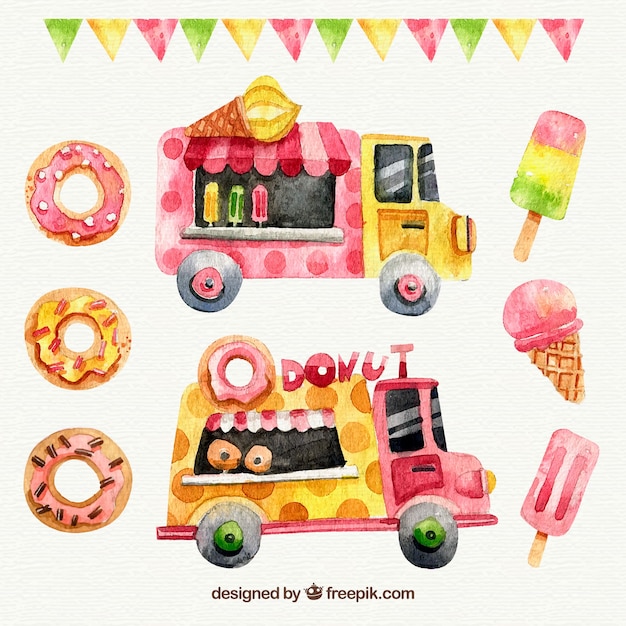 Акварельные пончики, мороженое и продовольственные грузовики