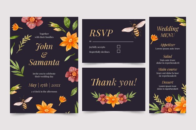 Watercolor dramatic botanical wedding stationery