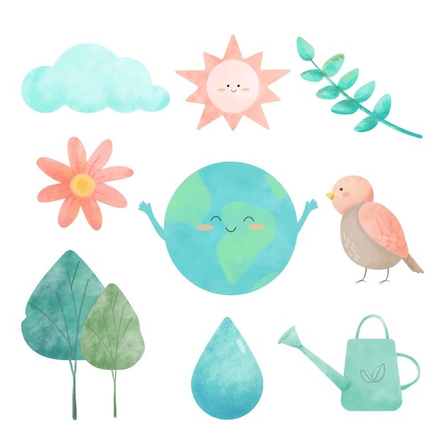 Free vector watercolor drawing with icons for environmental set