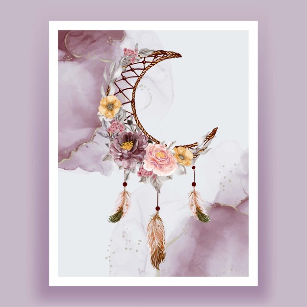 Watercolor dream catcher flower purple pink feather