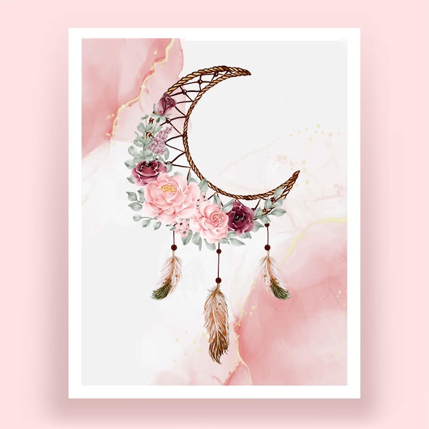 Watercolor dream catcher rose pink and burgundy flower flower feather