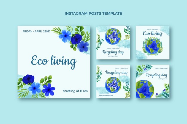 Watercolor earth day instagram posts collection
