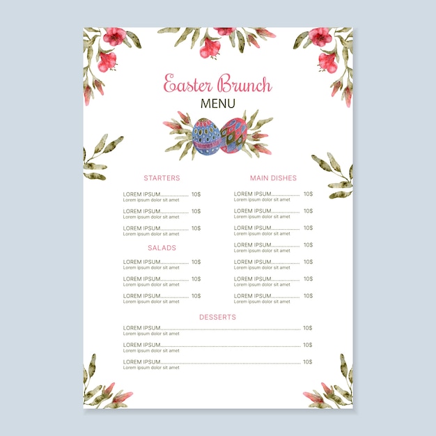 Watercolor easter brunch menu template