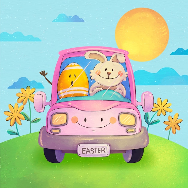 水彩のイースター車のイラスト