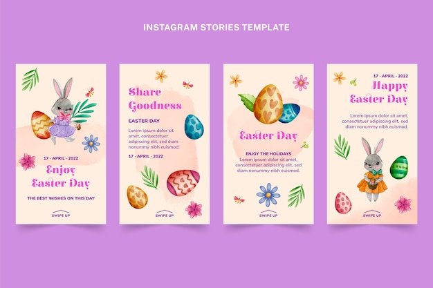 Vettore gratuito collezione di storie di instagram di pasqua ad acquerello