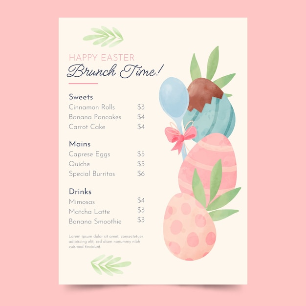 Watercolor easter menu template