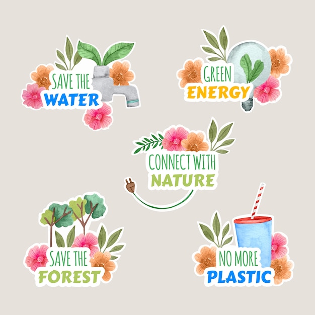 Free vector watercolor ecology badges design