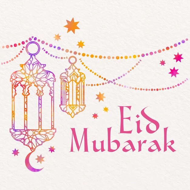 Watercolor eid mubarak with hanging candles and stars