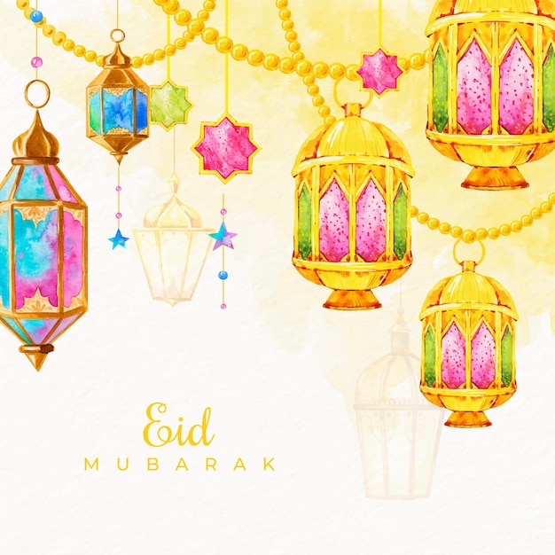 Free vector watercolor eid mubarak with hanging candles