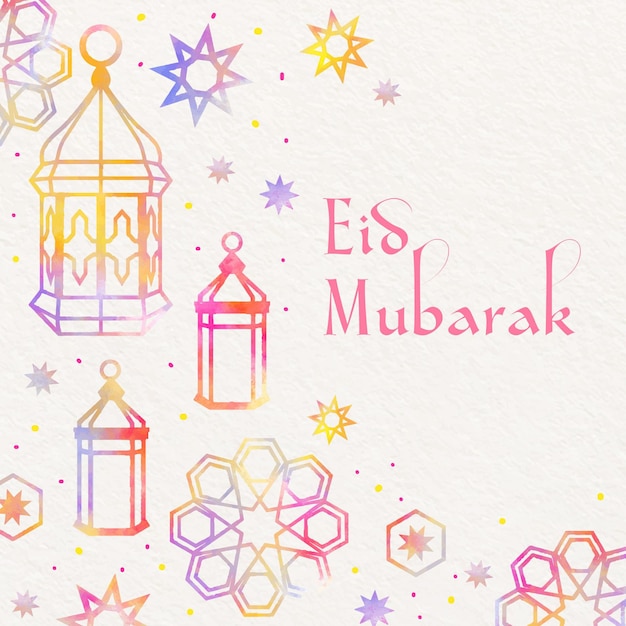 Free vector watercolor eid mubarak with lanterns and stars