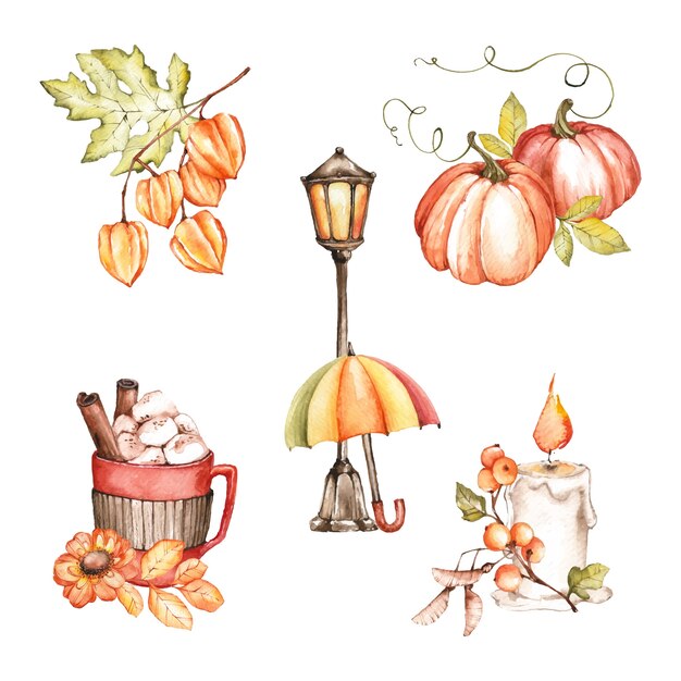 Watercolor elements collection for fall season celebration