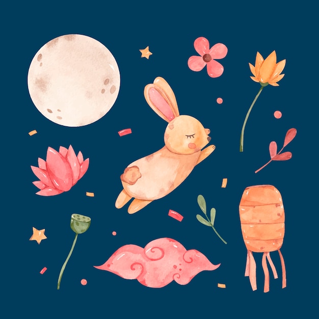 Watercolor elements collection for mid-autumn festival celebration