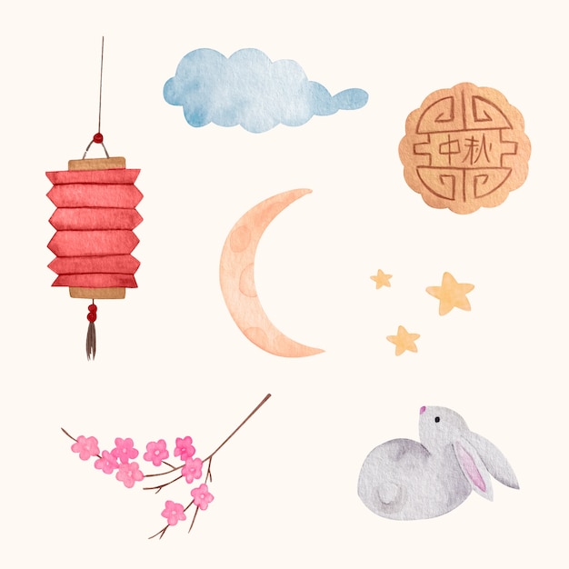 Free vector watercolor elements collection for mid-autumn festival celebration