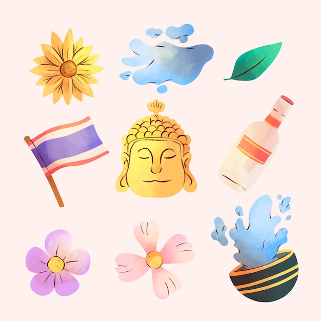 Free vector watercolor elements collection for songkran water festival celebration