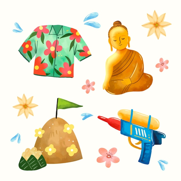 Free Vector watercolor elements collection for songkran water festival celebration