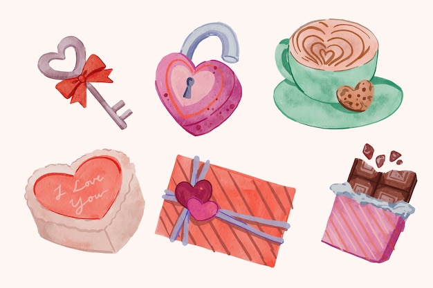Watercolor elements collection for valentines day celebration