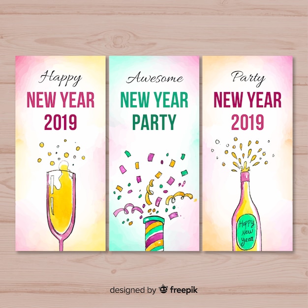 Watercolor elements new year card collection