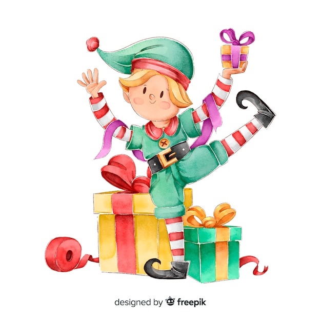 Watercolor elf christmas characters collection