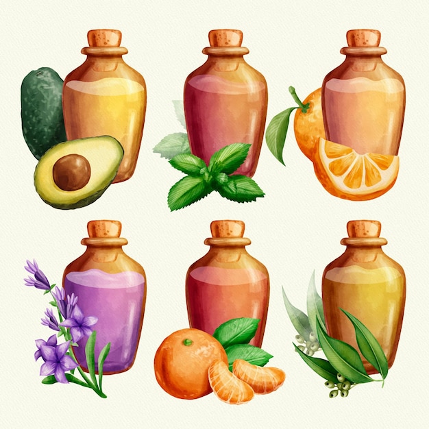 Free vector watercolor essential oil bottle collection