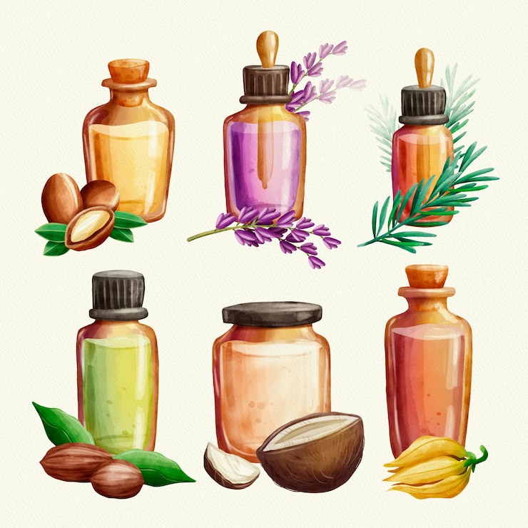 Free Vector watercolor essential oil bottle set
