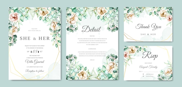 Free vector watercolor eucalyptus wedding invitation card set