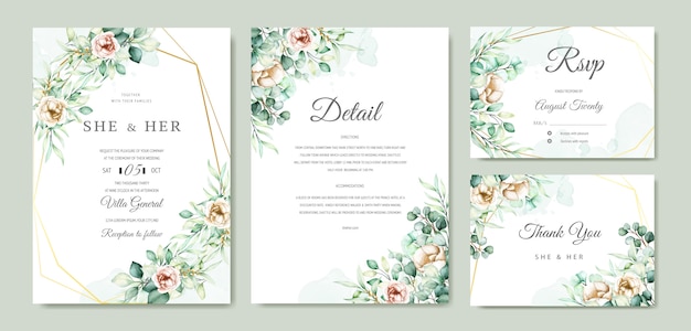 Free vector watercolor eucalyptus wedding invitation card set