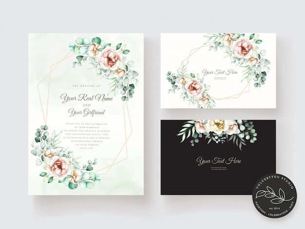 Free vector watercolor eucalyptus wedding invitation card set
