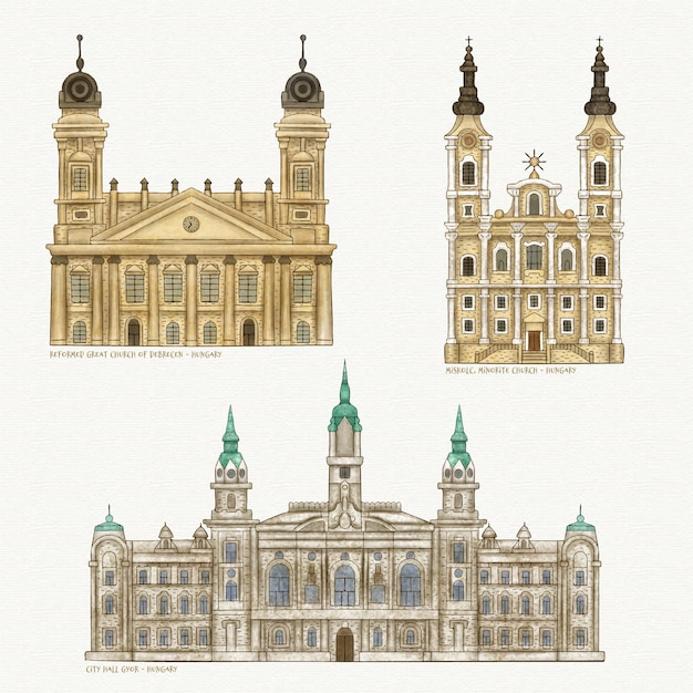 Free vector watercolor famous architectural landmarks set