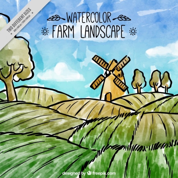 Free vector watercolor farm landscape with a mill