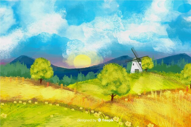 Watercolor farm landscape