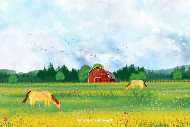 Free vector watercolor farm landscape