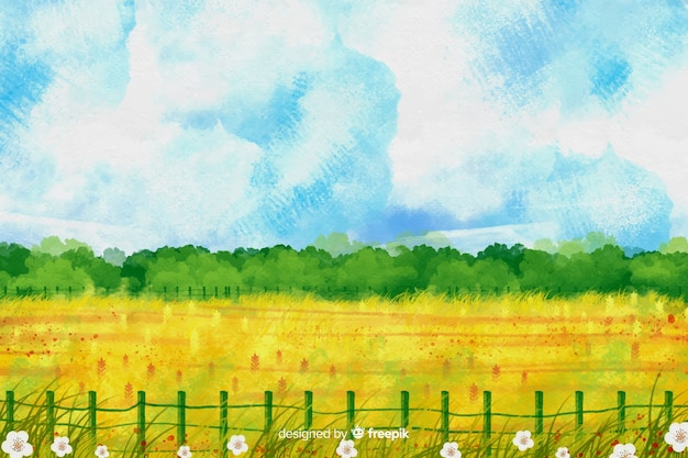 Watercolor Farm Landscape