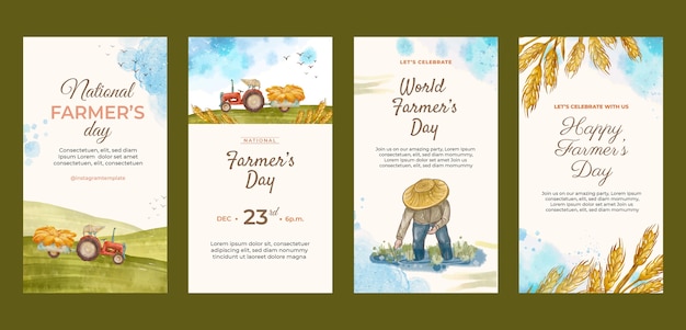 Free vector watercolor farmer's day celebration instagram stories collection